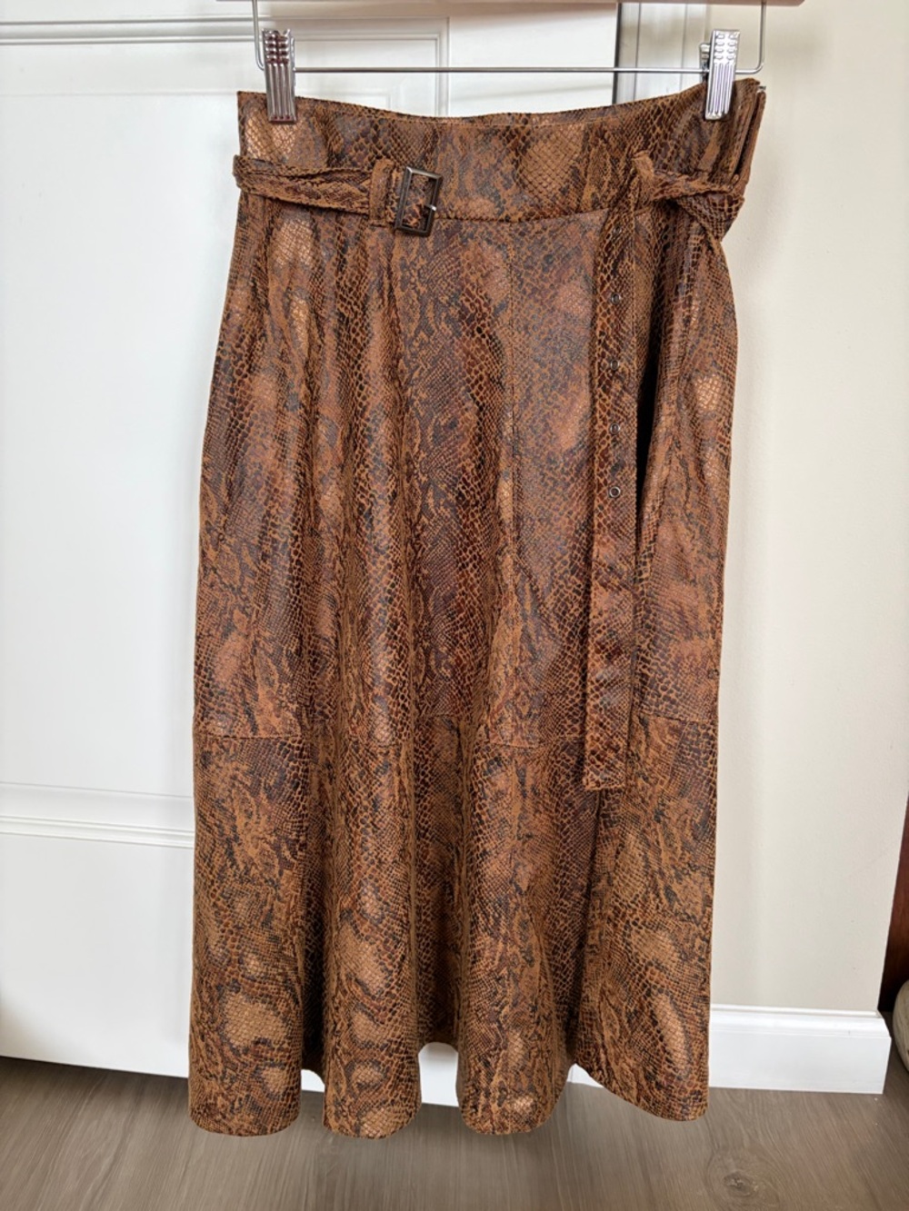 VILA Brown Snake-Print Midi Skirt with belt